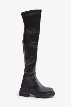 Online Eko Skórzane Kozaki Za Kolano Na Płaskim Obcasie Czarne Santira Damskie Muszkieterki|Kozaki Za Kolano