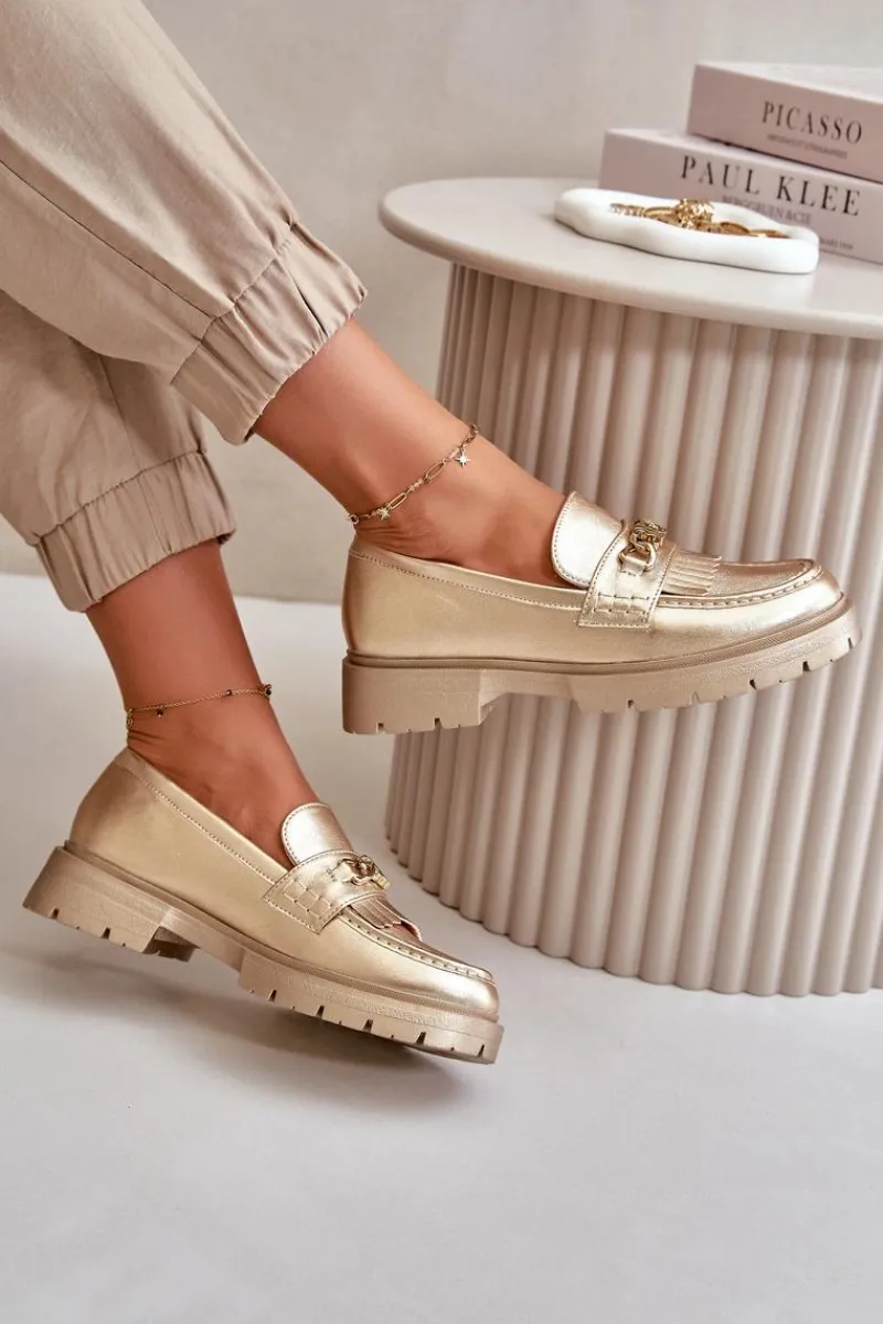 Discount Eko Skórzane Mokasyny Damskie Z Ozdobą Złote Zanita Damskie Mokasyny Damskie Skórzane