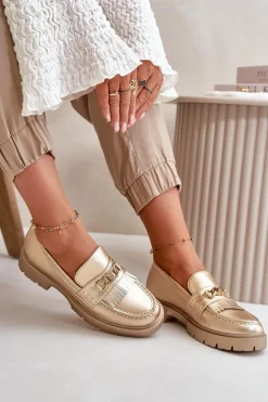 Discount Eko Skórzane Mokasyny Damskie Z Ozdobą Złote Zanita Damskie Mokasyny Damskie Skórzane