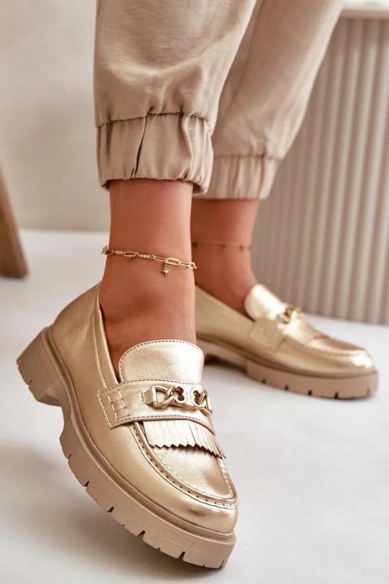 Discount Eko Skórzane Mokasyny Damskie Z Ozdobą Złote Zanita Damskie Mokasyny Damskie Skórzane