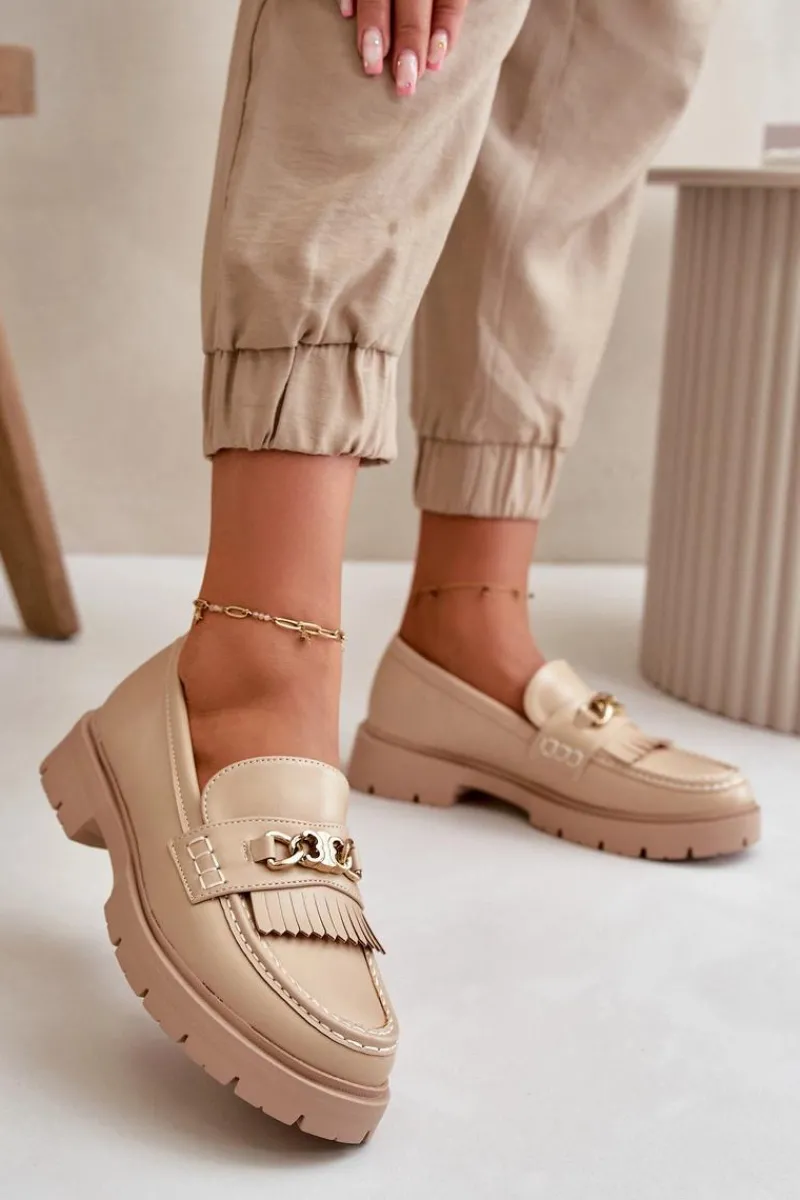 Boto Eko Skórzane Mokasyny Damskie Ze Złotą Ozdobą Beżowe Zanita