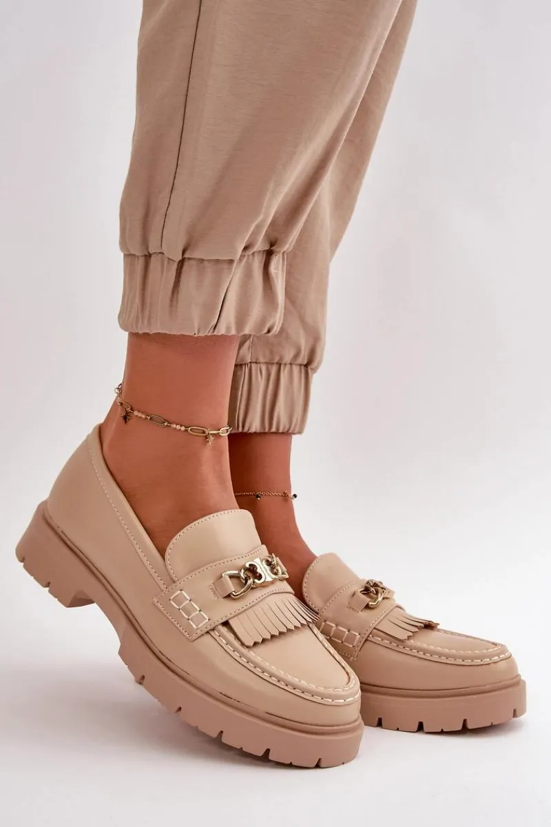 Boto Eko Skórzane Mokasyny Damskie Ze Złotą Ozdobą Beżowe Zanita