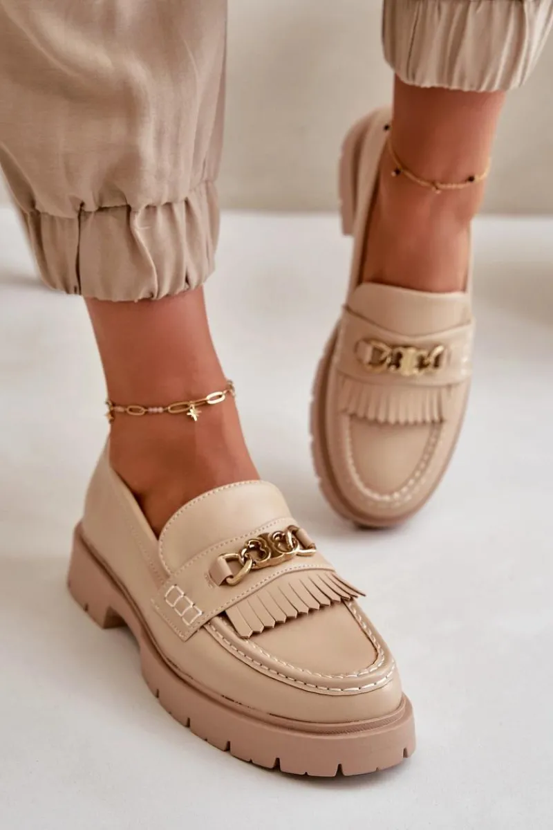 Boto Eko Skórzane Mokasyny Damskie Ze Złotą Ozdobą Beżowe Zanita