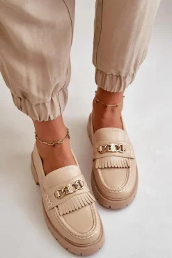 Boto Eko Skórzane Mokasyny Damskie Ze Złotą Ozdobą Beżowe Zanita