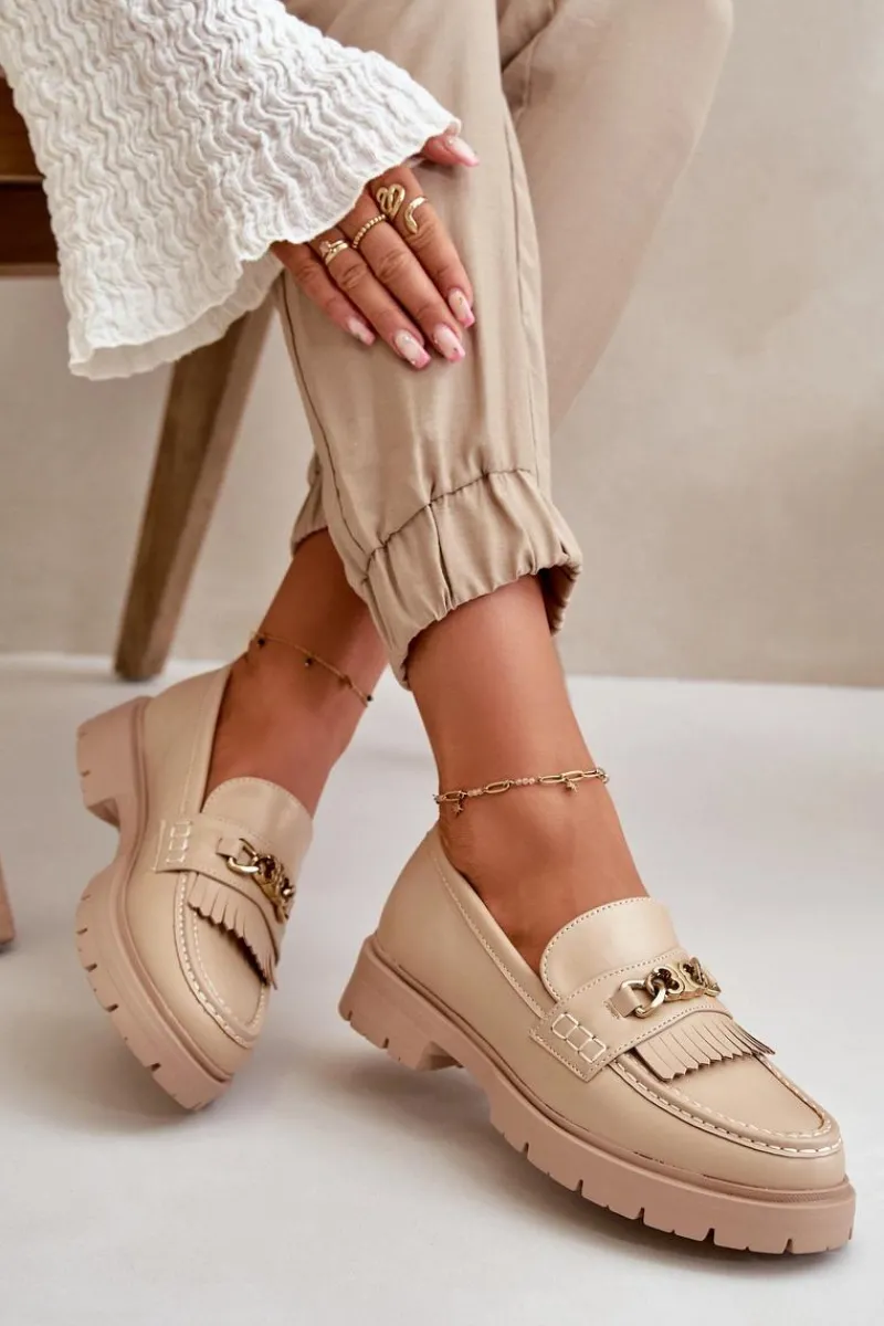 Boto Eko Skórzane Mokasyny Damskie Ze Złotą Ozdobą Beżowe Zanita