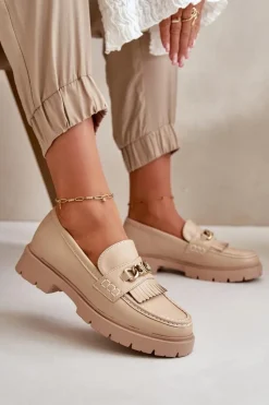 Boto Eko Skórzane Mokasyny Damskie Ze Złotą Ozdobą Beżowe Zanita