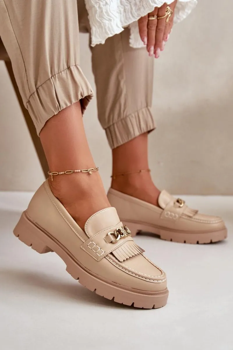 Boto Eko Skórzane Mokasyny Damskie Ze Złotą Ozdobą Beżowe Zanita