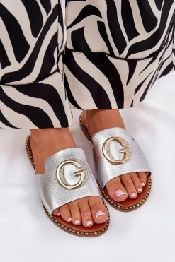 Clearance Boto Eko Skórzane Płaskie Klapki Damskie Z Ozdobnym Detalem Srebrne Frelie Szary