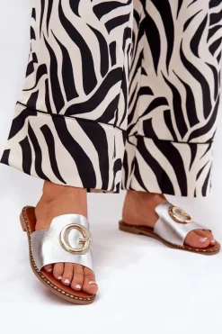 Clearance Boto Eko Skórzane Płaskie Klapki Damskie Z Ozdobnym Detalem Srebrne Frelie Szary