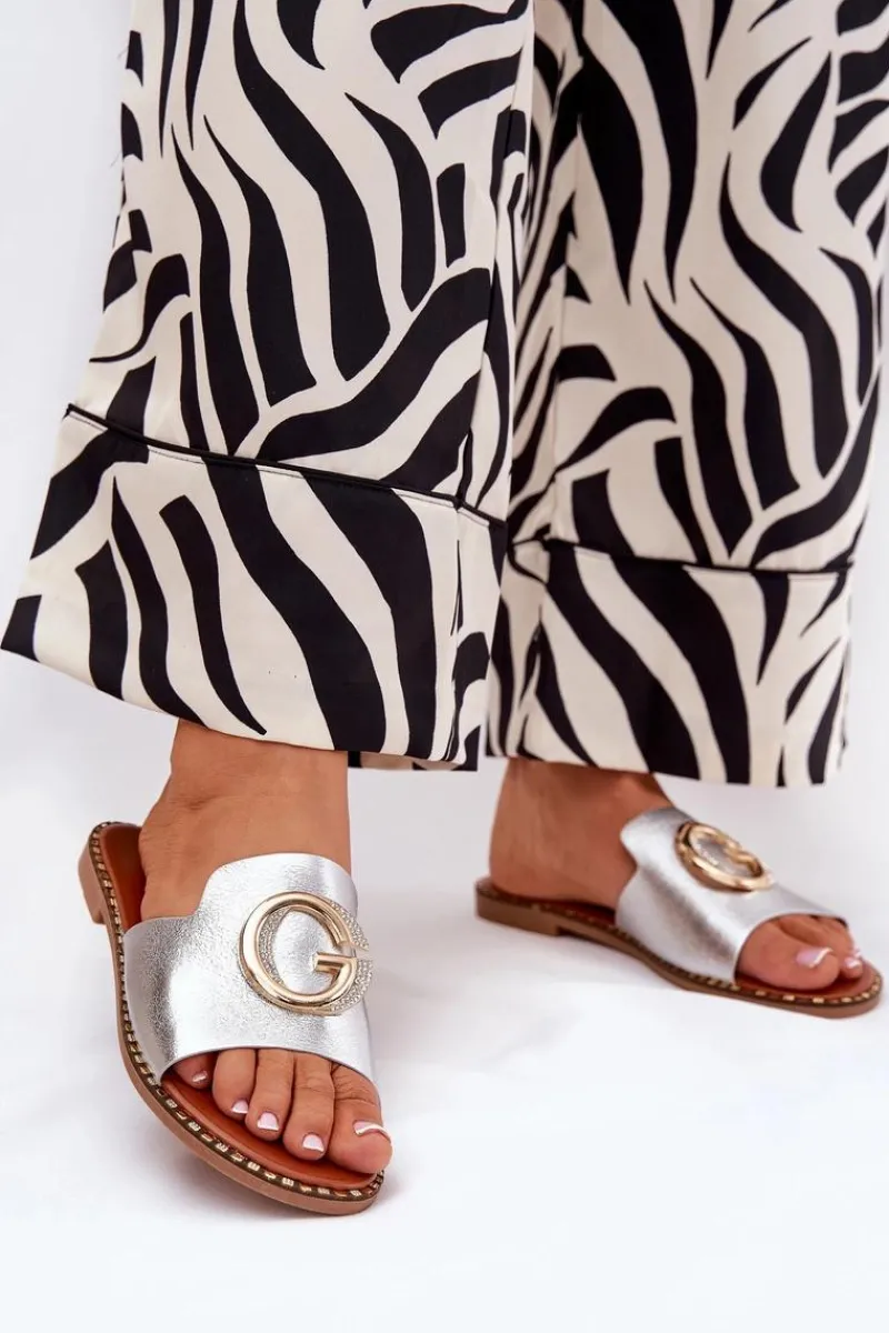 Clearance Boto Eko Skórzane Płaskie Klapki Damskie Z Ozdobnym Detalem Srebrne Frelie Szary