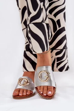 Clearance Boto Eko Skórzane Płaskie Klapki Damskie Z Ozdobnym Detalem Srebrne Frelie Szary