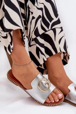 Clearance Boto Eko Skórzane Płaskie Klapki Damskie Z Ozdobnym Detalem Srebrne Frelie Szary