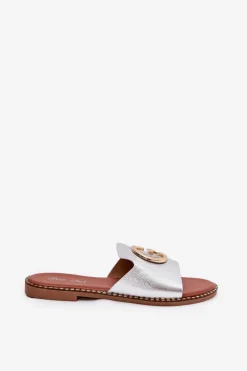 Clearance Boto Eko Skórzane Płaskie Klapki Damskie Z Ozdobnym Detalem Srebrne Frelie Szary