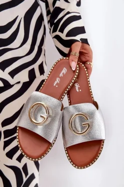 Clearance Boto Eko Skórzane Płaskie Klapki Damskie Z Ozdobnym Detalem Srebrne Frelie Szary