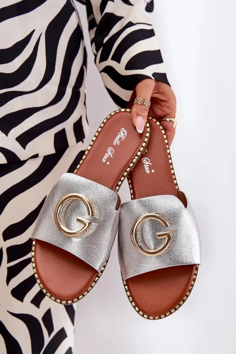 Clearance Boto Eko Skórzane Płaskie Klapki Damskie Z Ozdobnym Detalem Srebrne Frelie Szary