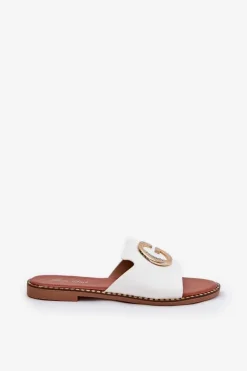 Outlet Boto Eko Skórzane Płaskie Klapki Damskie Z Ozdobnym Detalem Białe Frelie Biały