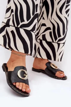 Sale Eko Skórzane Płaskie Klapki Damskie Z Ozdobnym Detalem Czarne Frelie Damskie Klapki Damskie Klasyczne