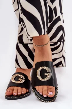 Sale Eko Skórzane Płaskie Klapki Damskie Z Ozdobnym Detalem Czarne Frelie Damskie Klapki Damskie Klasyczne