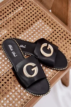 Sale Eko Skórzane Płaskie Klapki Damskie Z Ozdobnym Detalem Czarne Frelie Damskie Klapki Damskie Klasyczne