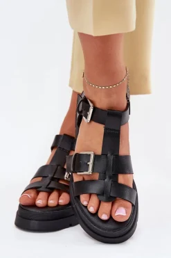 Outlet Evento Eko Skórzane Sandały Damskie Z Klamrami Czarne Mireza