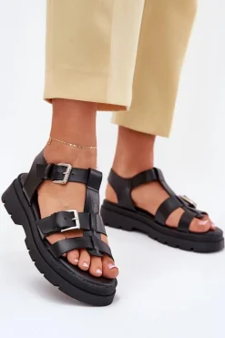 Outlet Evento Eko Skórzane Sandały Damskie Z Klamrami Czarne Mireza