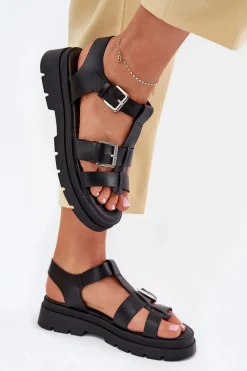 Outlet Evento Eko Skórzane Sandały Damskie Z Klamrami Czarne Mireza