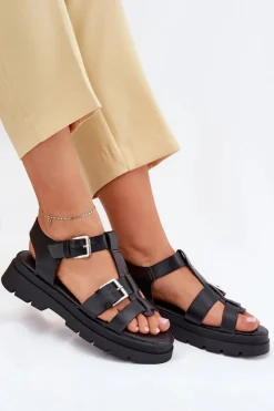 Outlet Evento Eko Skórzane Sandały Damskie Z Klamrami Czarne Mireza