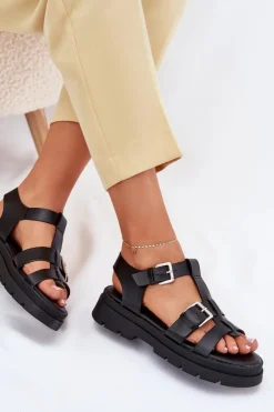 Outlet Evento Eko Skórzane Sandały Damskie Z Klamrami Czarne Mireza