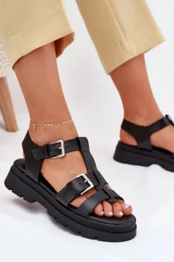 Outlet Evento Eko Skórzane Sandały Damskie Z Klamrami Czarne Mireza