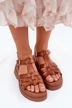 Hot Boto Eko Skórzane Sandały Damskie Na Platformie Camel Nendales