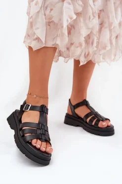 Sandały Płaskie>Boto Eko Skórzane Sandały Damskie Na Platformie Czarne Nendales Czarny