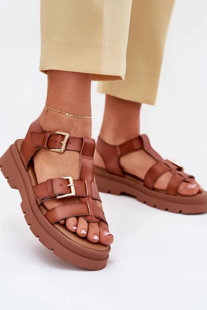 Sandały Płaskie>Evento Eko Skórzane Sandały Damskie Z Klamrami Camel Mireza