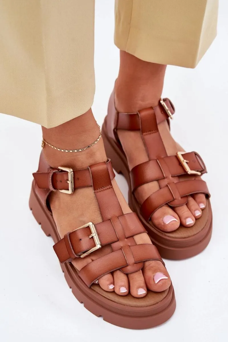 Sandały Płaskie>Evento Eko Skórzane Sandały Damskie Z Klamrami Camel Mireza