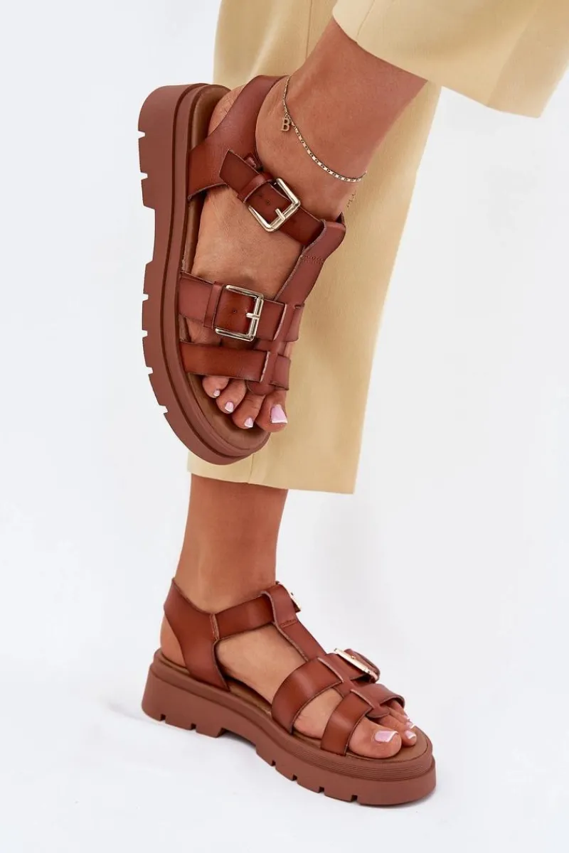 Sandały Płaskie>Evento Eko Skórzane Sandały Damskie Z Klamrami Camel Mireza