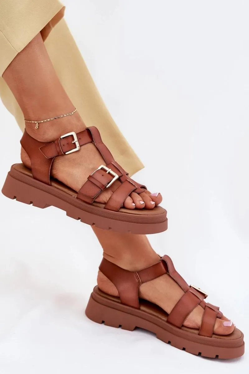 Sandały Płaskie>Evento Eko Skórzane Sandały Damskie Z Klamrami Camel Mireza