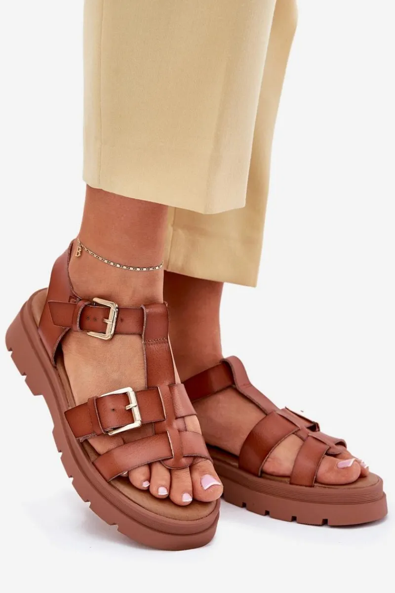 Sandały Płaskie>Evento Eko Skórzane Sandały Damskie Z Klamrami Camel Mireza