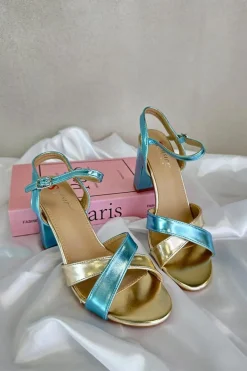 Clearance Boto Eko Skórzane Sandały Na Obcasie Słupku Niebiesko-Złote Abilica Niebieski