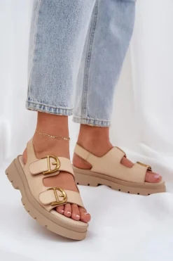 Sandały Płaskie>Boto Eko Skórzane Sandały Z Klamrami Beżowe Vulinea Beżowy