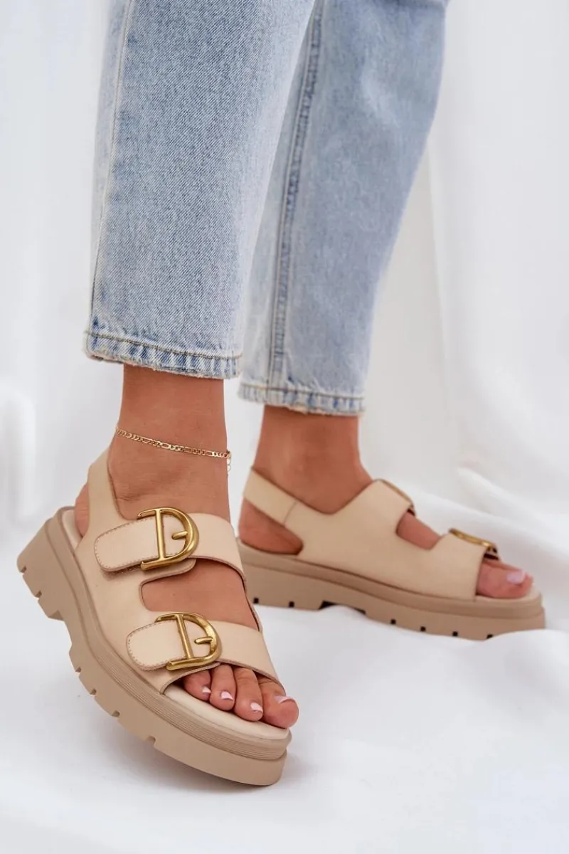 Sandały Płaskie>Boto Eko Skórzane Sandały Z Klamrami Beżowe Vulinea Beżowy