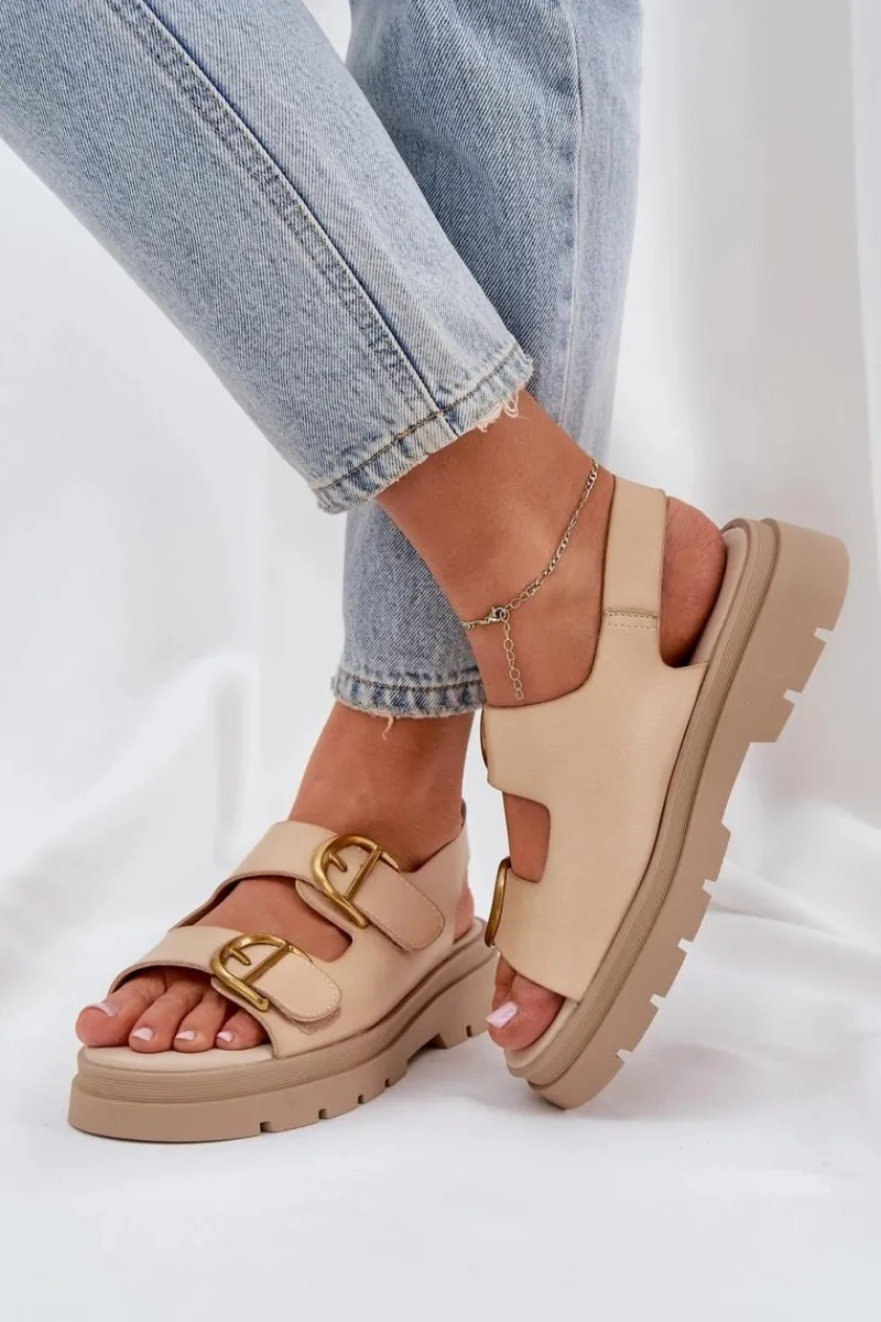 Sandały Płaskie>Boto Eko Skórzane Sandały Z Klamrami Beżowe Vulinea Beżowy