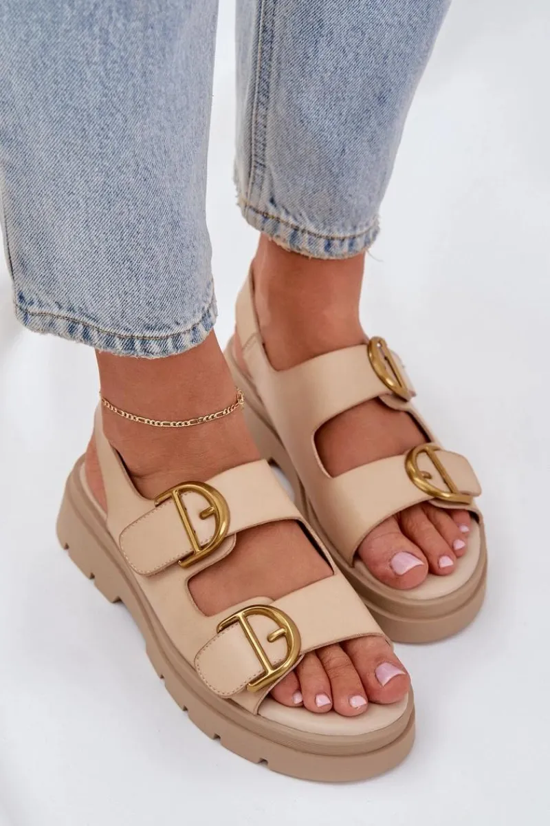 Sandały Płaskie>Boto Eko Skórzane Sandały Z Klamrami Beżowe Vulinea Beżowy