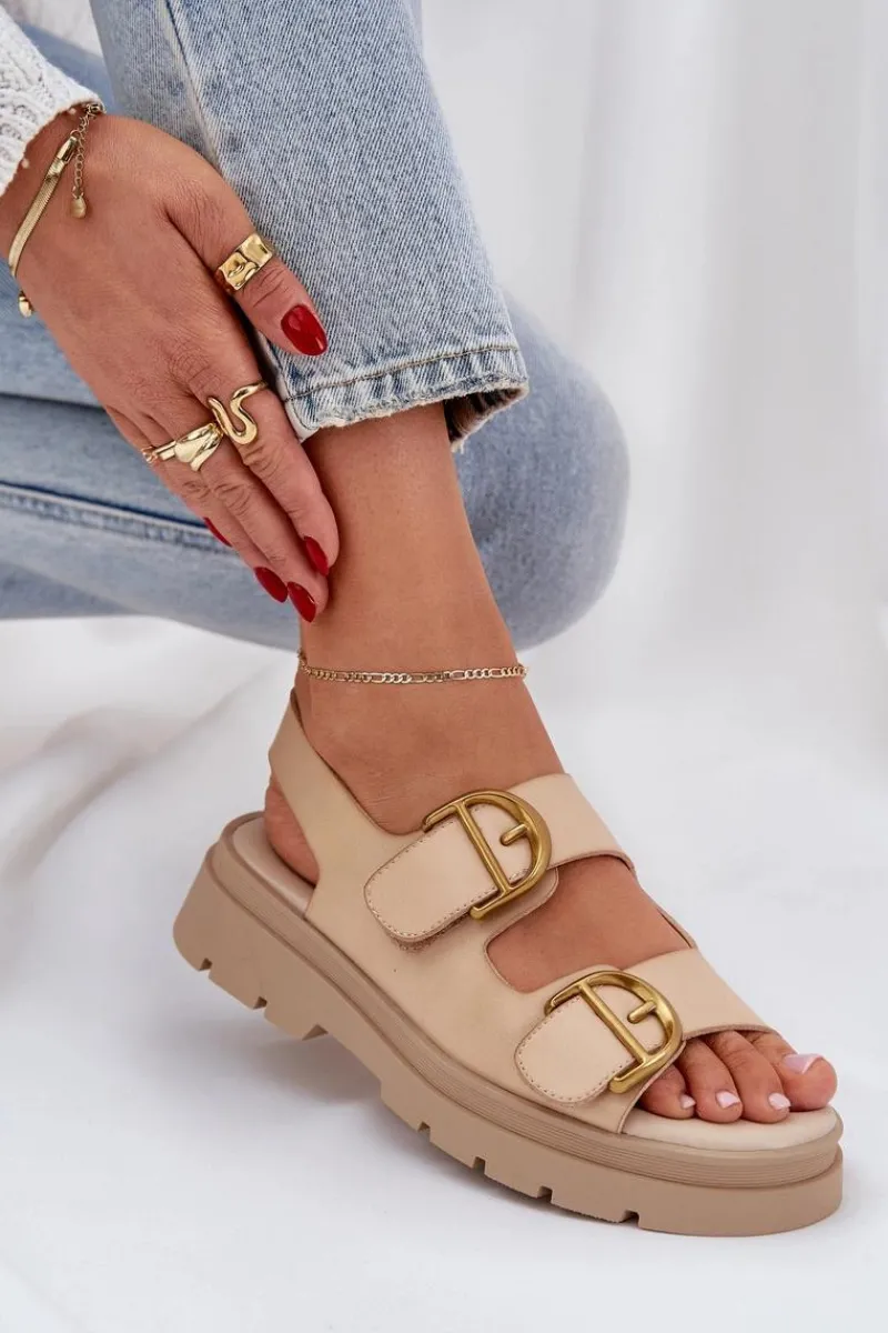 Sandały Płaskie>Boto Eko Skórzane Sandały Z Klamrami Beżowe Vulinea Beżowy