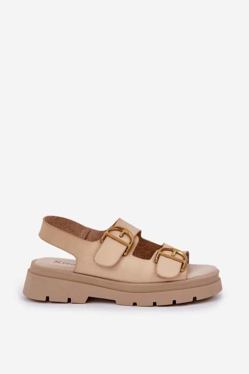 Sandały Płaskie>Boto Eko Skórzane Sandały Z Klamrami Beżowe Vulinea Beżowy