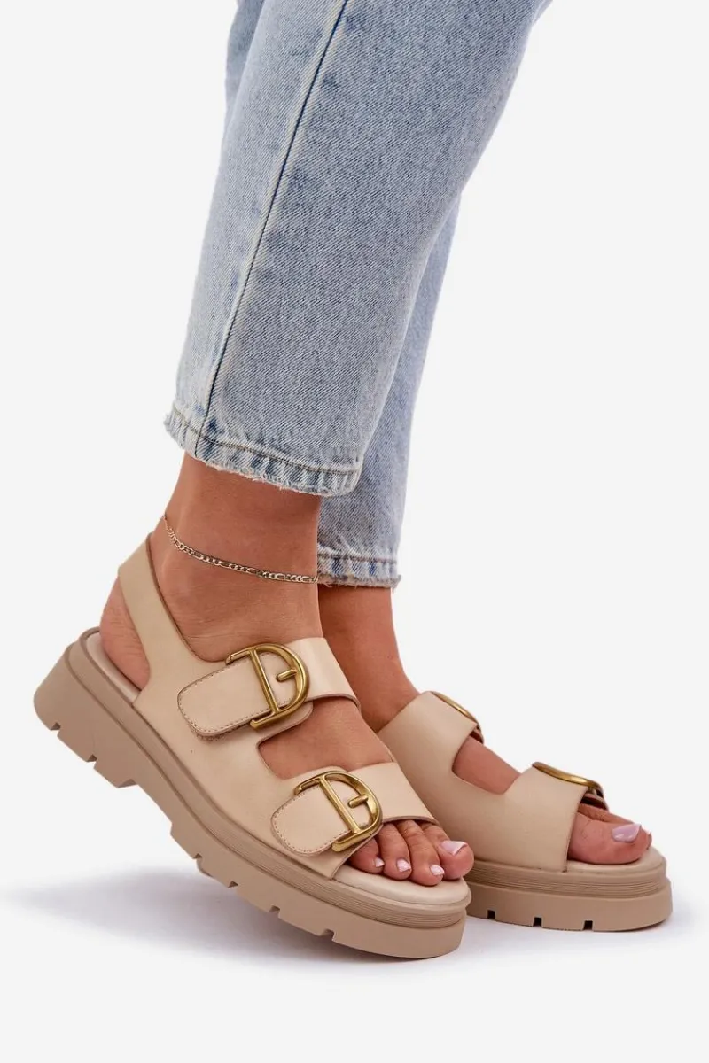 Sandały Płaskie>Boto Eko Skórzane Sandały Z Klamrami Beżowe Vulinea Beżowy