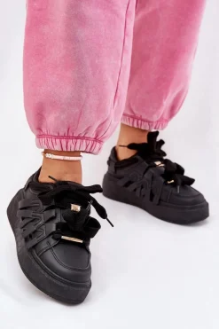 Buty Sportowe Na Platformie|Sneakersy Damskie>Boto Eko Skórzane Sneakersy Na Platformie Czarne Penolle Czarny