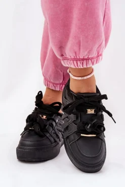 Buty Sportowe Na Platformie|Sneakersy Damskie>Boto Eko Skórzane Sneakersy Na Platformie Czarne Penolle Czarny