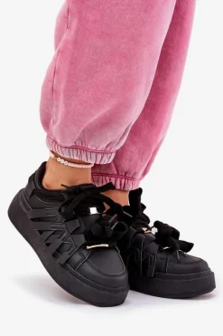 Buty Sportowe Na Platformie|Sneakersy Damskie></noscript>Boto Eko Skórzane Sneakersy Na Platformie Czarne Penolle Czarny