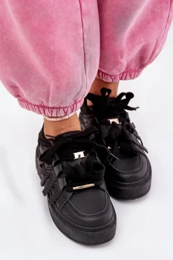 Buty Sportowe Na Platformie|Sneakersy Damskie></noscript>Boto Eko Skórzane Sneakersy Na Platformie Czarne Penolle Czarny