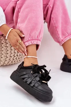 Buty Sportowe Na Platformie|Sneakersy Damskie></noscript>Boto Eko Skórzane Sneakersy Na Platformie Czarne Penolle Czarny
