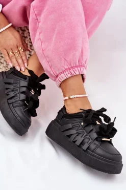 Buty Sportowe Na Platformie|Sneakersy Damskie></noscript>Boto Eko Skórzane Sneakersy Na Platformie Czarne Penolle Czarny